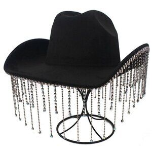 DIONA J RHINESTONE TASSEL COWBOY HAT COLOR BLACK